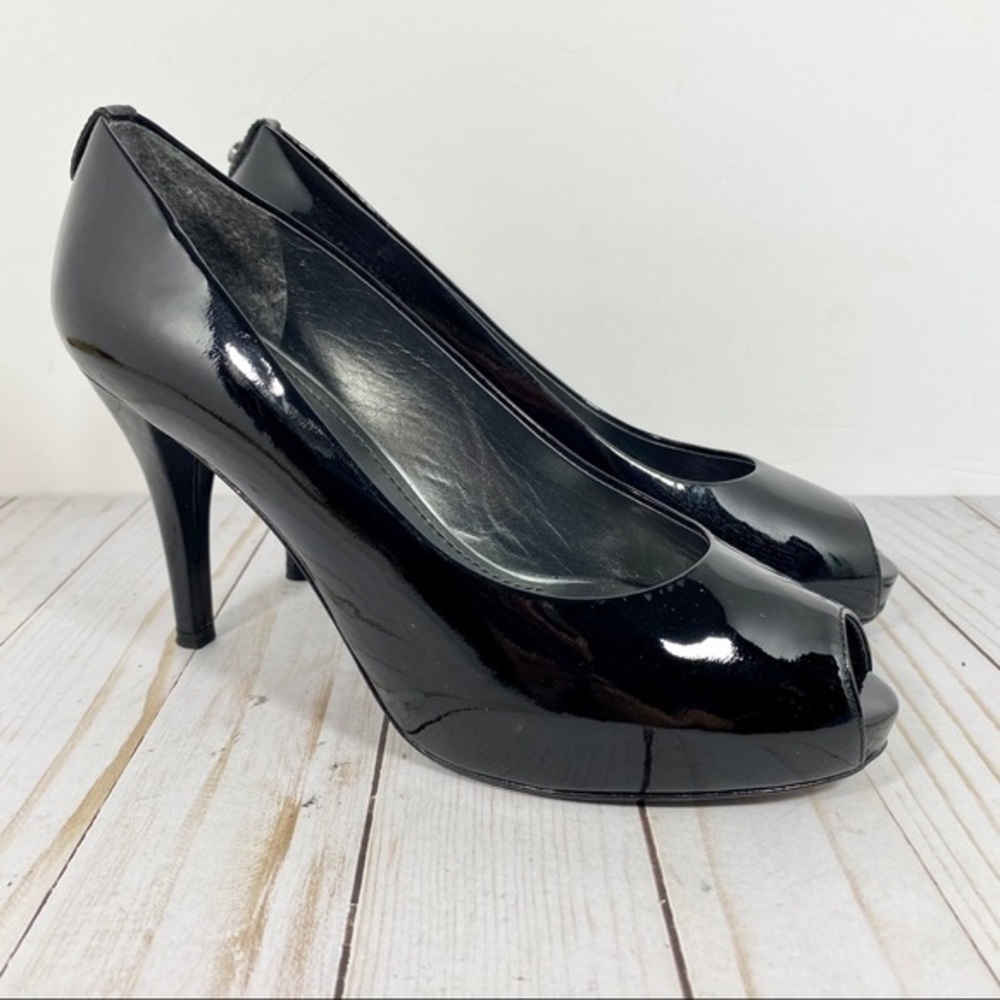 Stuart Weitzman Black Patent Leather Peep Toe Platform Heel 8